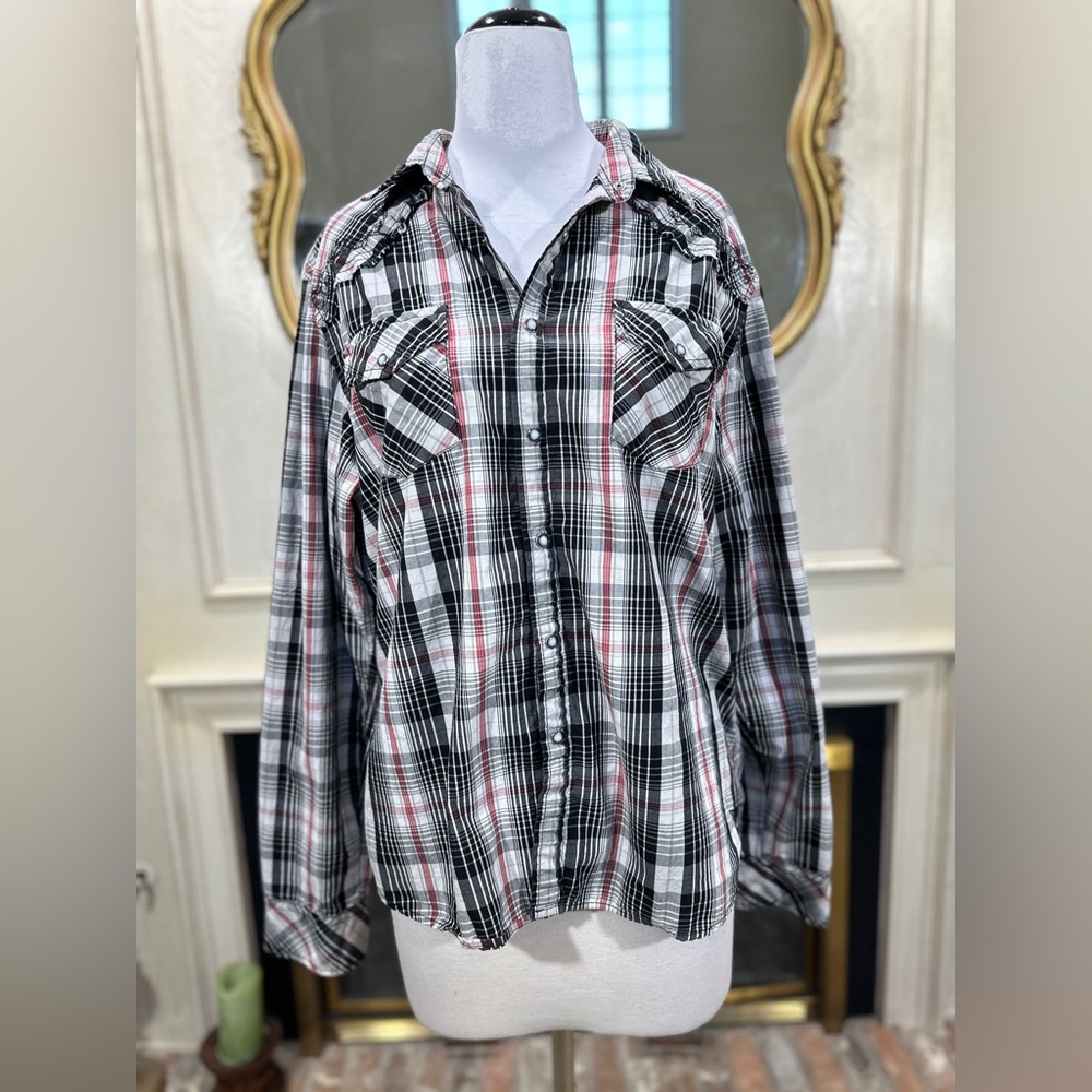 Guess Women's XL Plaid Pearl Snap‎ Shirt Western Embroidered Hi Low Hem